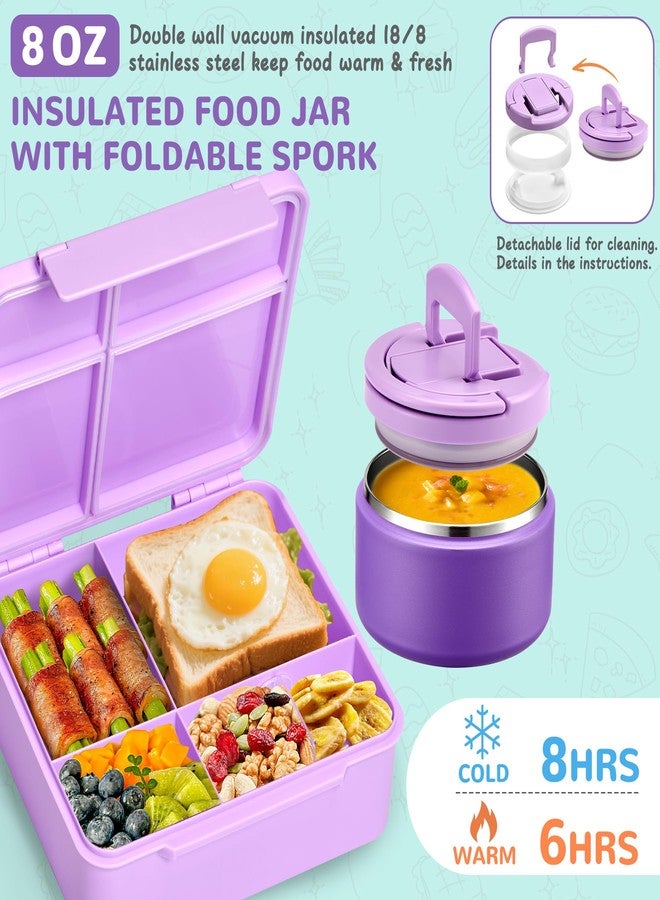 MAXSO Bento Lunch Box Set with 8 oz Soup Thermo, Kids Leakproof 4 Compartments Hot Food Container with Sauce Cup, Ice Pack and Lunch Bag, Child Insulated Food Jar for School - Purple - Image 3